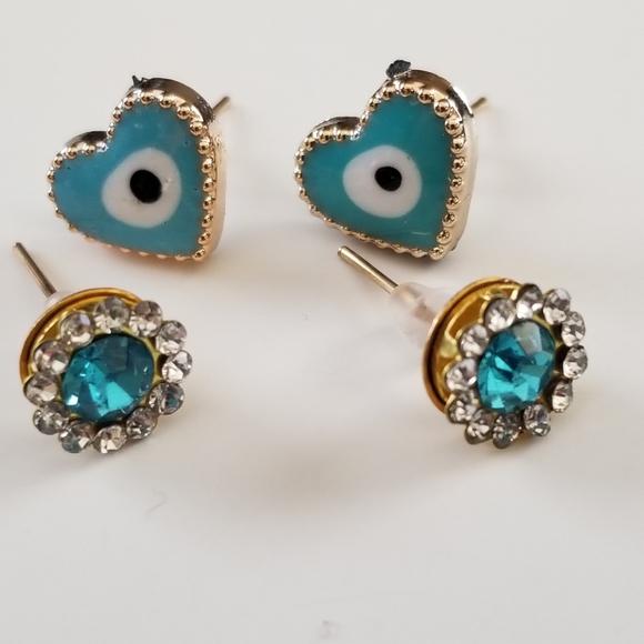 3/30❤️Evil Eye Protection Teal Stud Earrings 3 pcs Set New - Picture 7 of 9